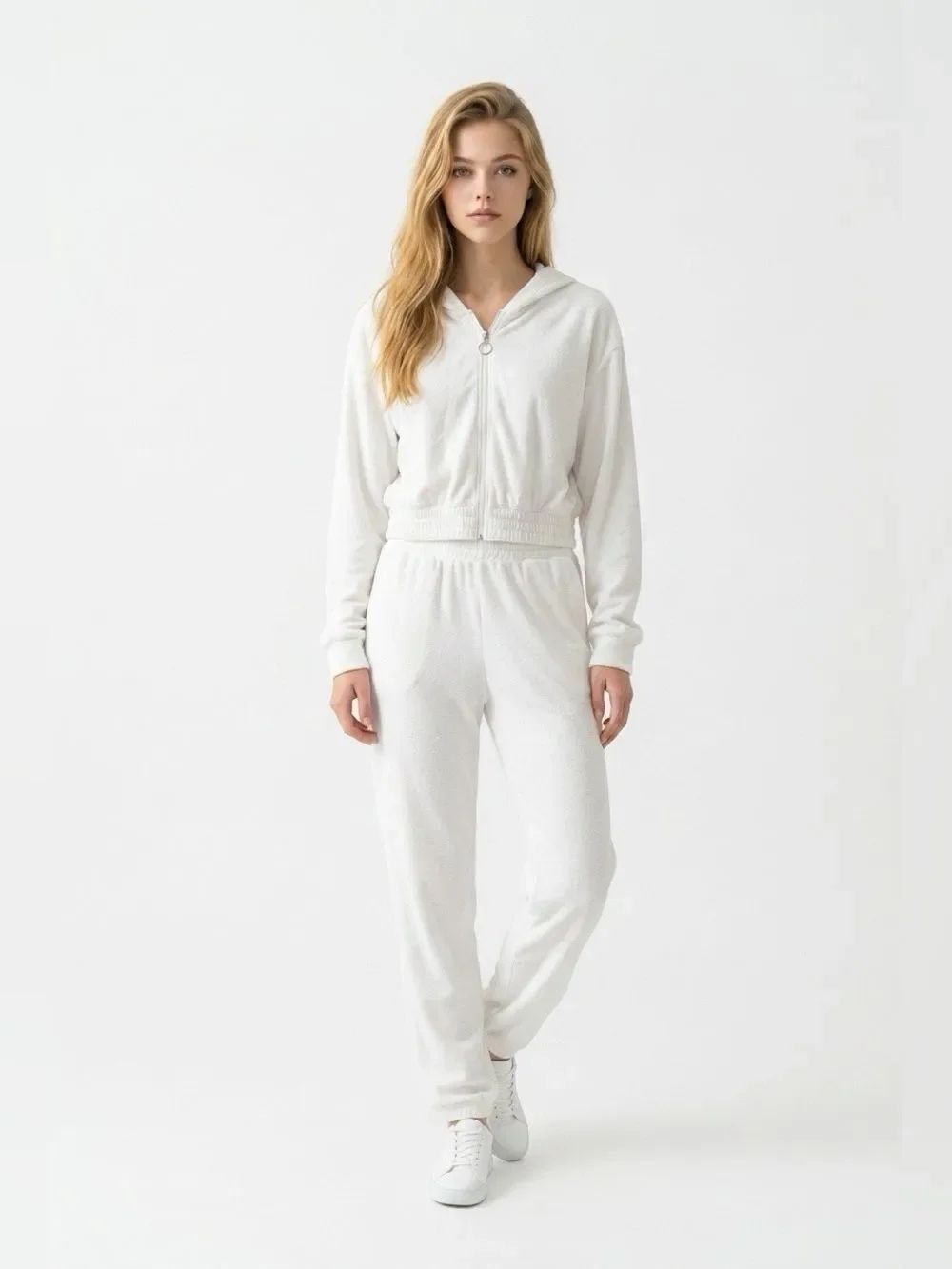 White Stretch Terry Zip-Up Hoodie - Picture 2 of 5
